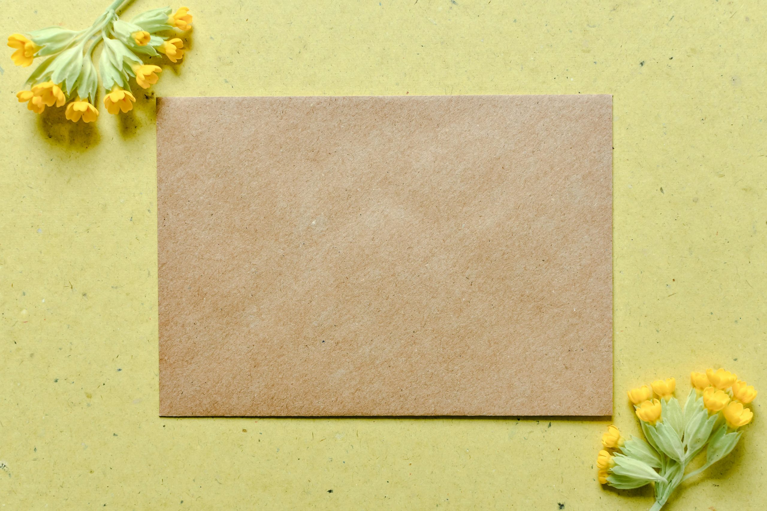 Flat lay of a cardboard stationery mockup surrounded by vibrant yellow flowers on a paper surface.